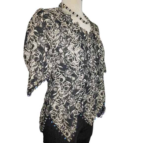 Michael Jordan Luxury Black &Gold Lace With Crystal Beads Trimmed Blouse Size M - Picture 5 of 16